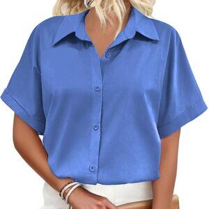 Women's Button Down Shirt Short Sleeve Casual Oversized Loose Collared V-Neck